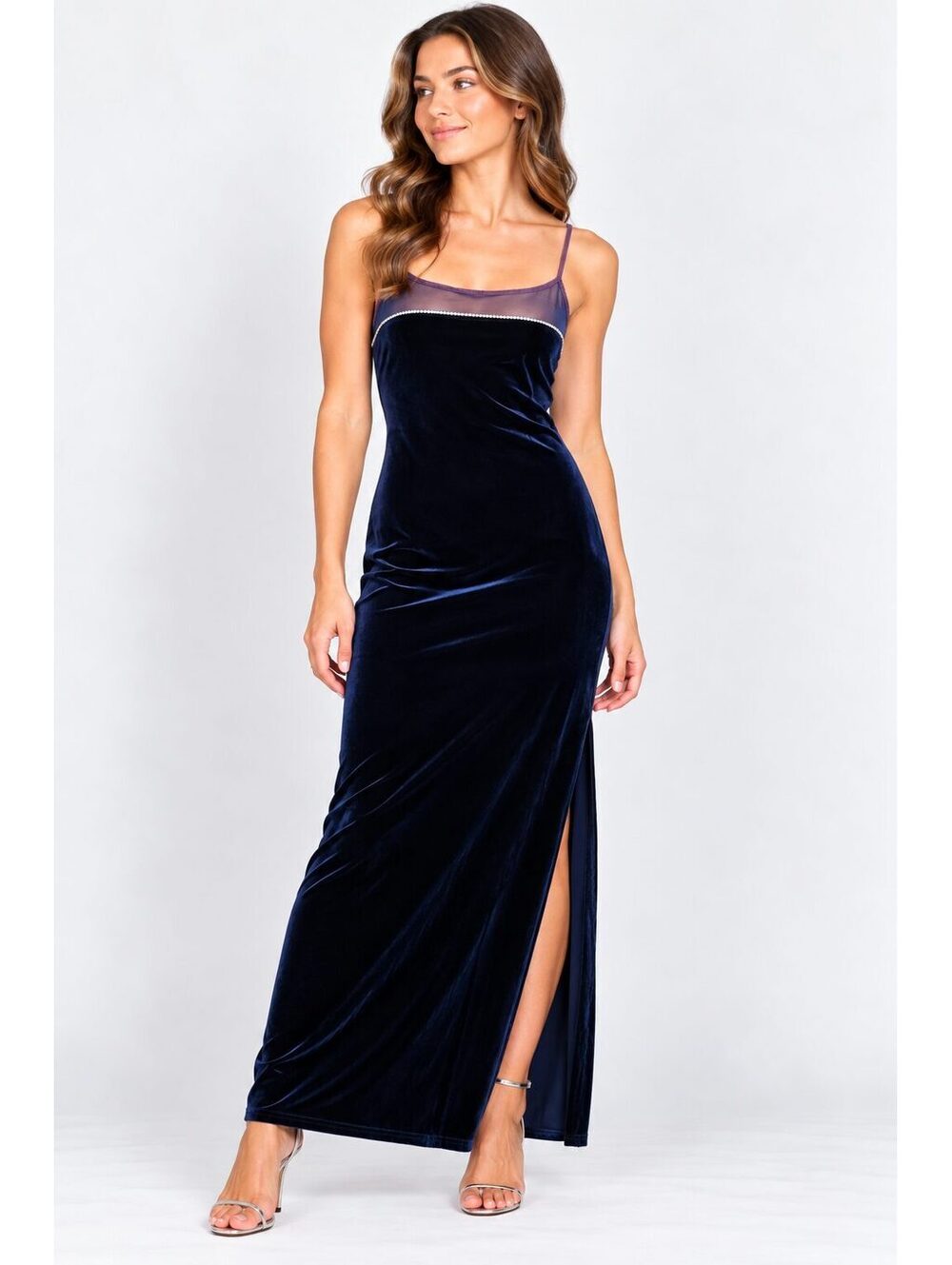 Jump Apparel Co. Navy Velvet Mesh Rhinestone Maxi Slip Dress